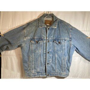 VTG Nuovo Jeanswear Denim Trucker Jacket Distressed Faded Biker USA Sz Med 90s